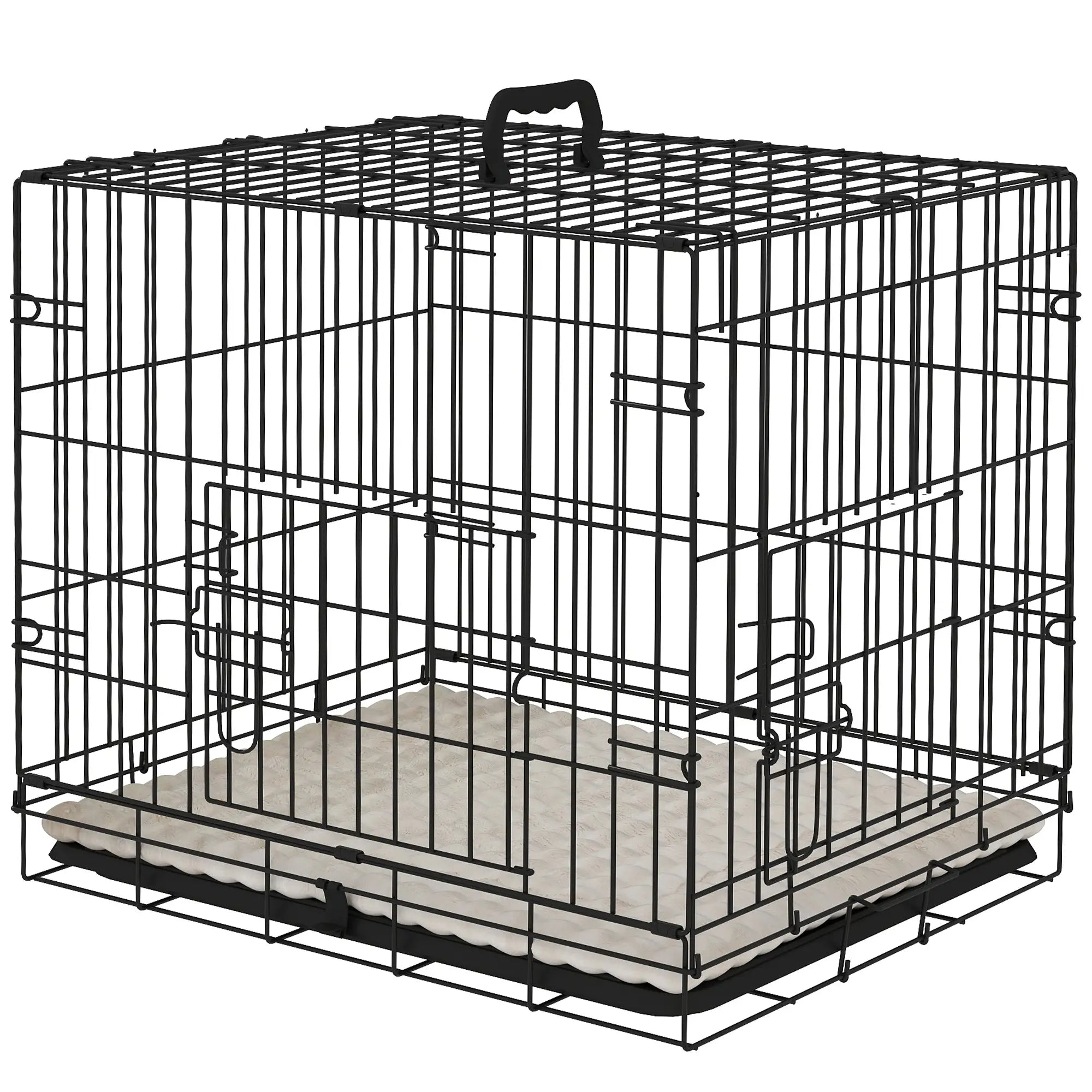24" Dog Crate, 2 Doors, Folding Metal Cage, Removable Tray, Black