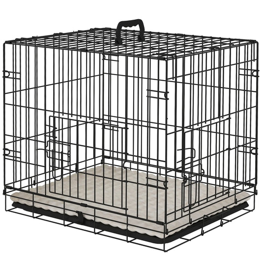 24" Dog Crate, 2 Doors, Folding Metal Cage, Removable Tray, Black