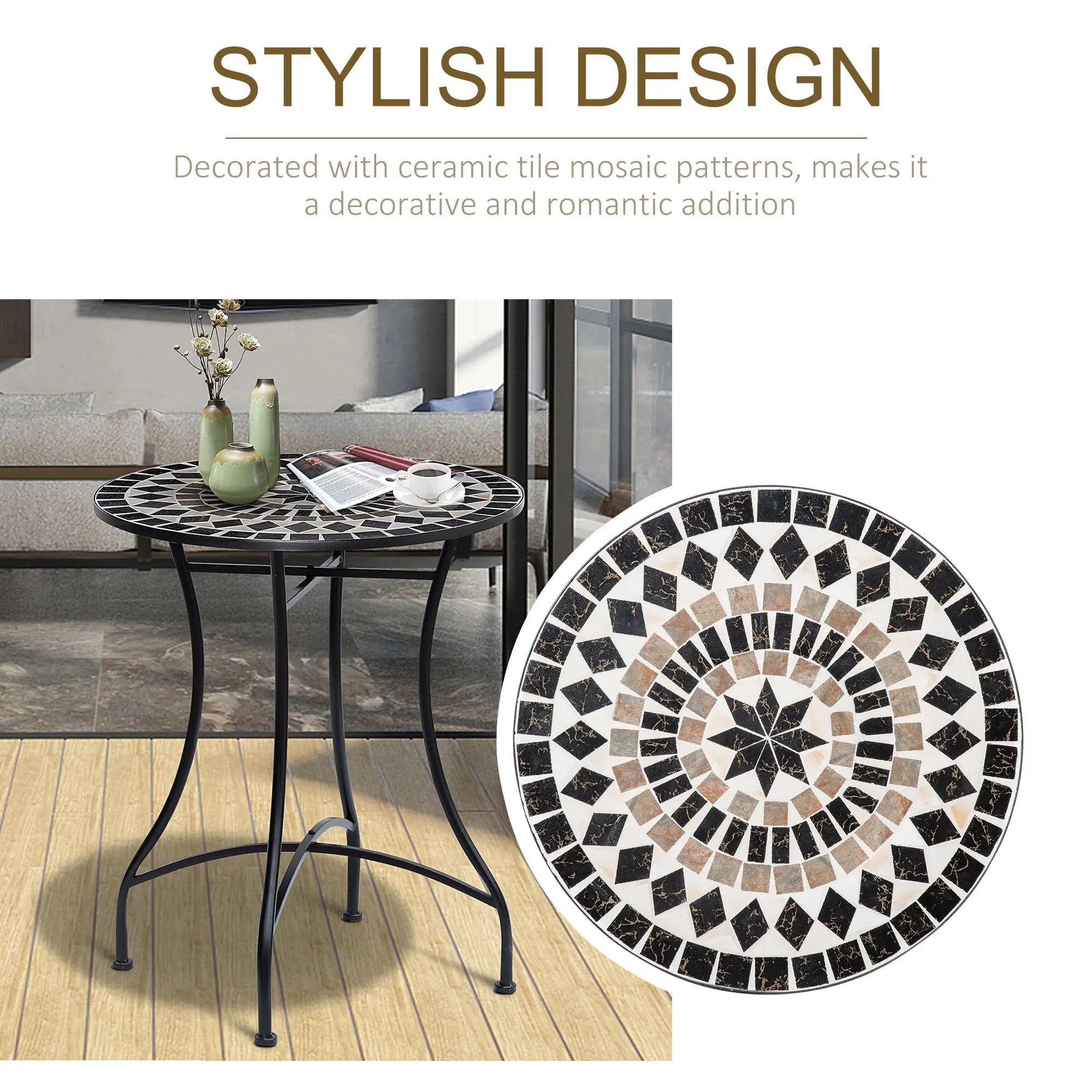 Round Mosaic Patio Table, Metal Frame, Outdoor Garden Furniture, Black Patio Side Tables at Gallery Canada