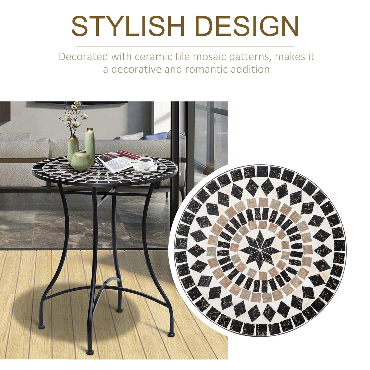 Round Mosaic Patio Table, Metal Frame, Outdoor Garden Furniture, Black Patio Side Tables at Gallery Canada
