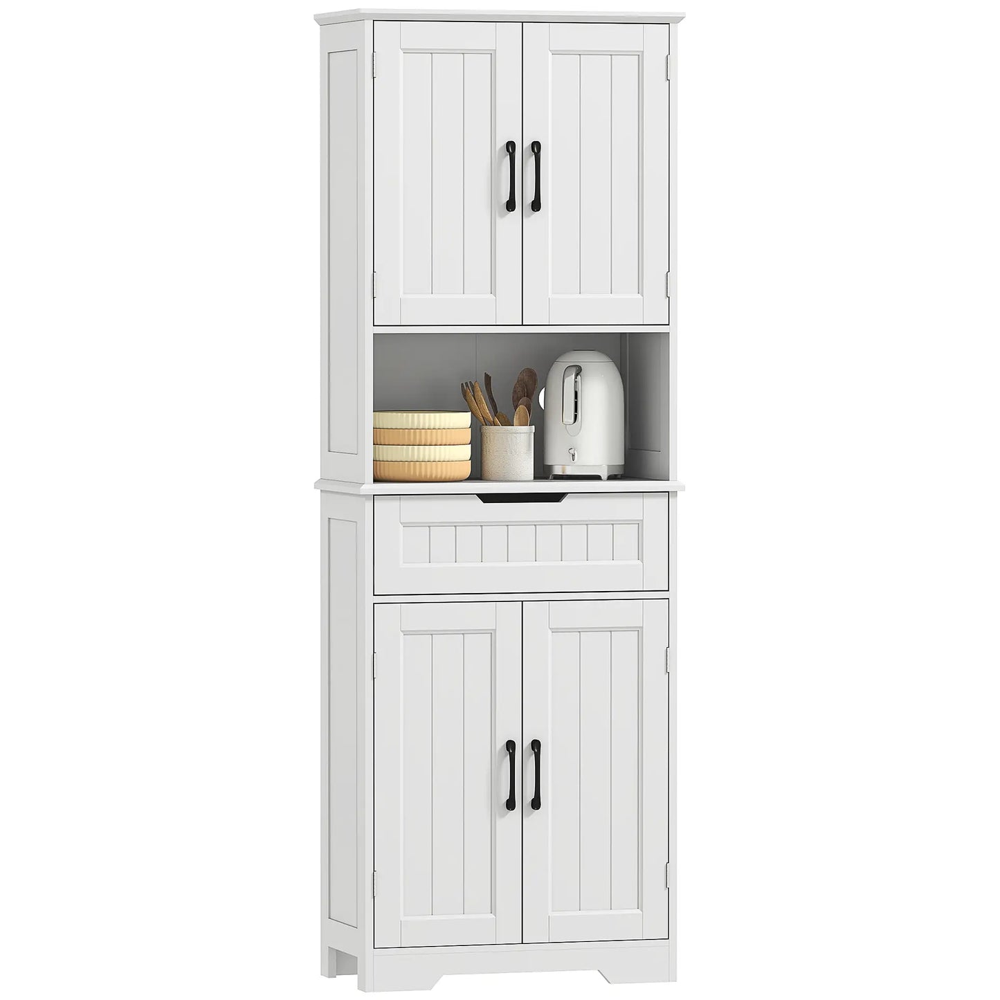 68" Tall Kitchen Buffet Hutch, 4 Doors, Drawer, Open Counter, White Kitchen Pantry Cabinets White at Gallery Canada