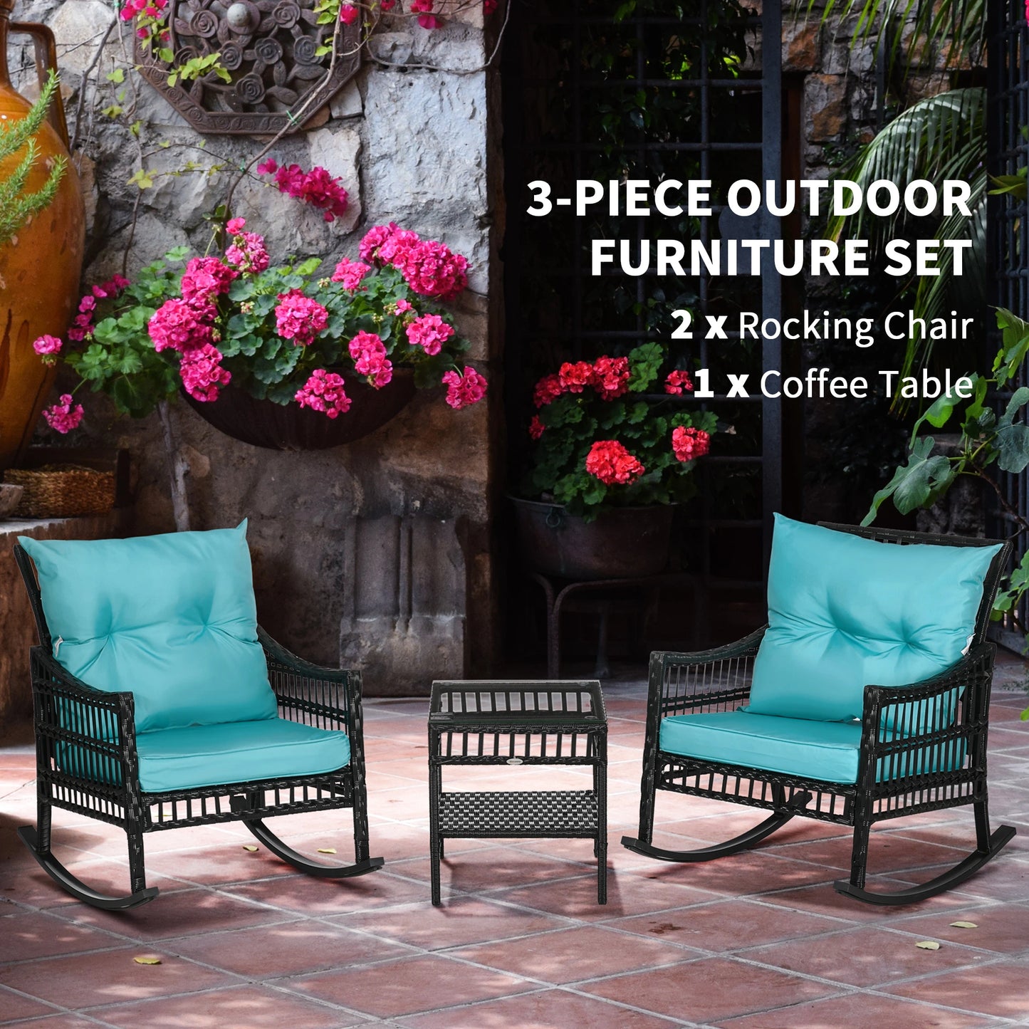3-Piece Outdoor PE Rattan Rocker Chair Set, 25"x26"x28", Turquoise Green Outdoor Rocking Chairs at Gallery Canada