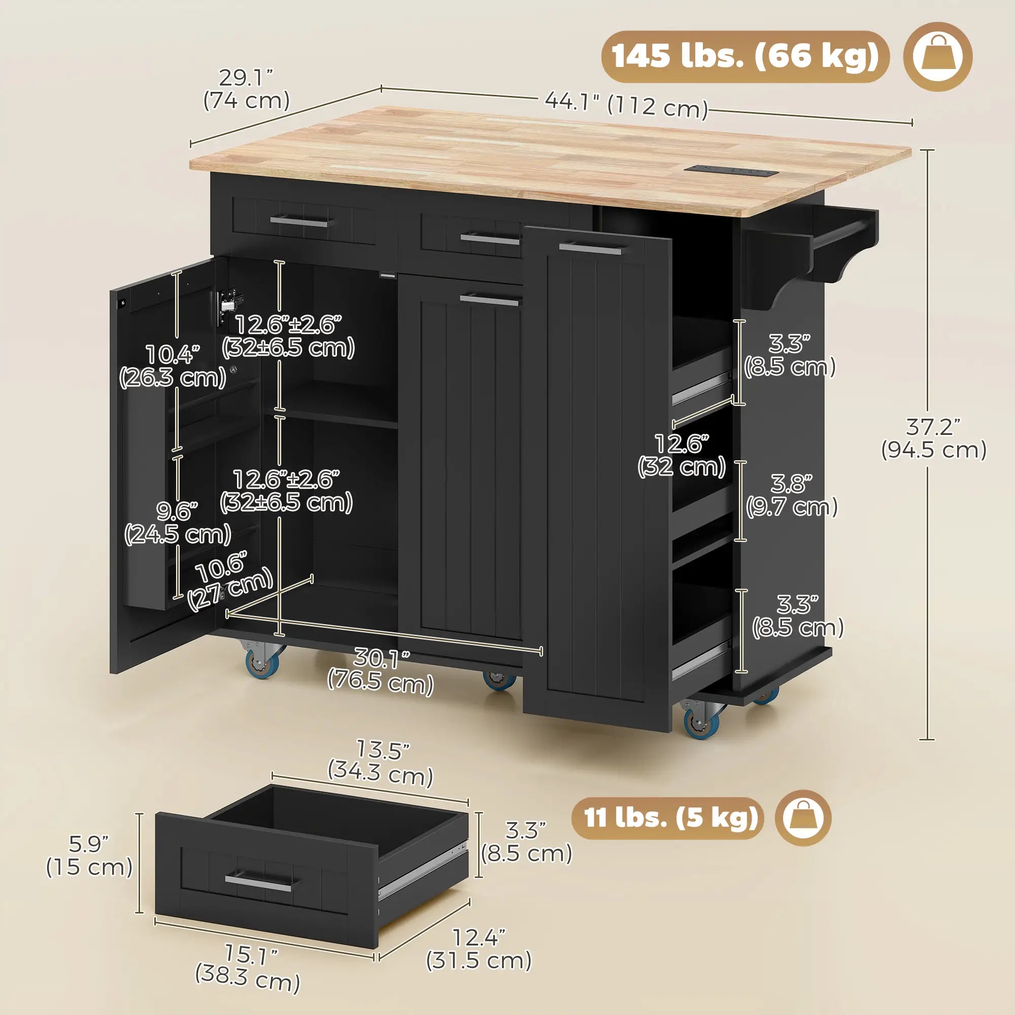 Rolling Kitchen Cart with Drop Leaf, Charging Station, Black Kitchen Islands & Kitchen Carts at Gallery Canada
