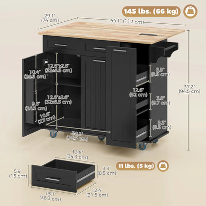 Rolling Kitchen Cart with Drop Leaf, Charging Station, Black Kitchen Islands & Kitchen Carts at Gallery Canada