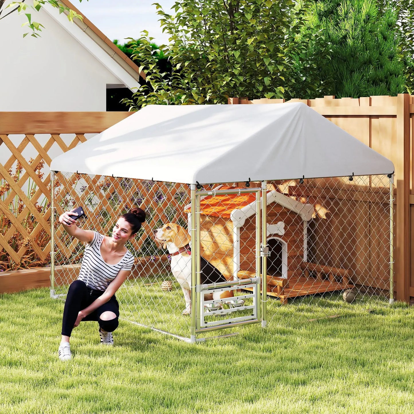 Outdoor Dog Run, Adjustable Rotating Bowls, Waterproof Cover, 6.6' x 6.6' x 5.1' Houses, Kennels & Pens at Gallery Canada