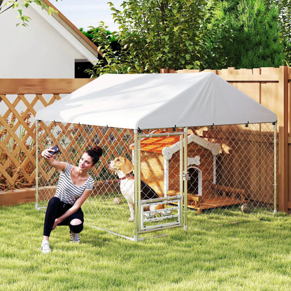 Outdoor Dog Run, Adjustable Rotating Bowls, Waterproof Cover, 6.6' x 6.6' x 5.1' Houses, Kennels & Pens at Gallery Canada