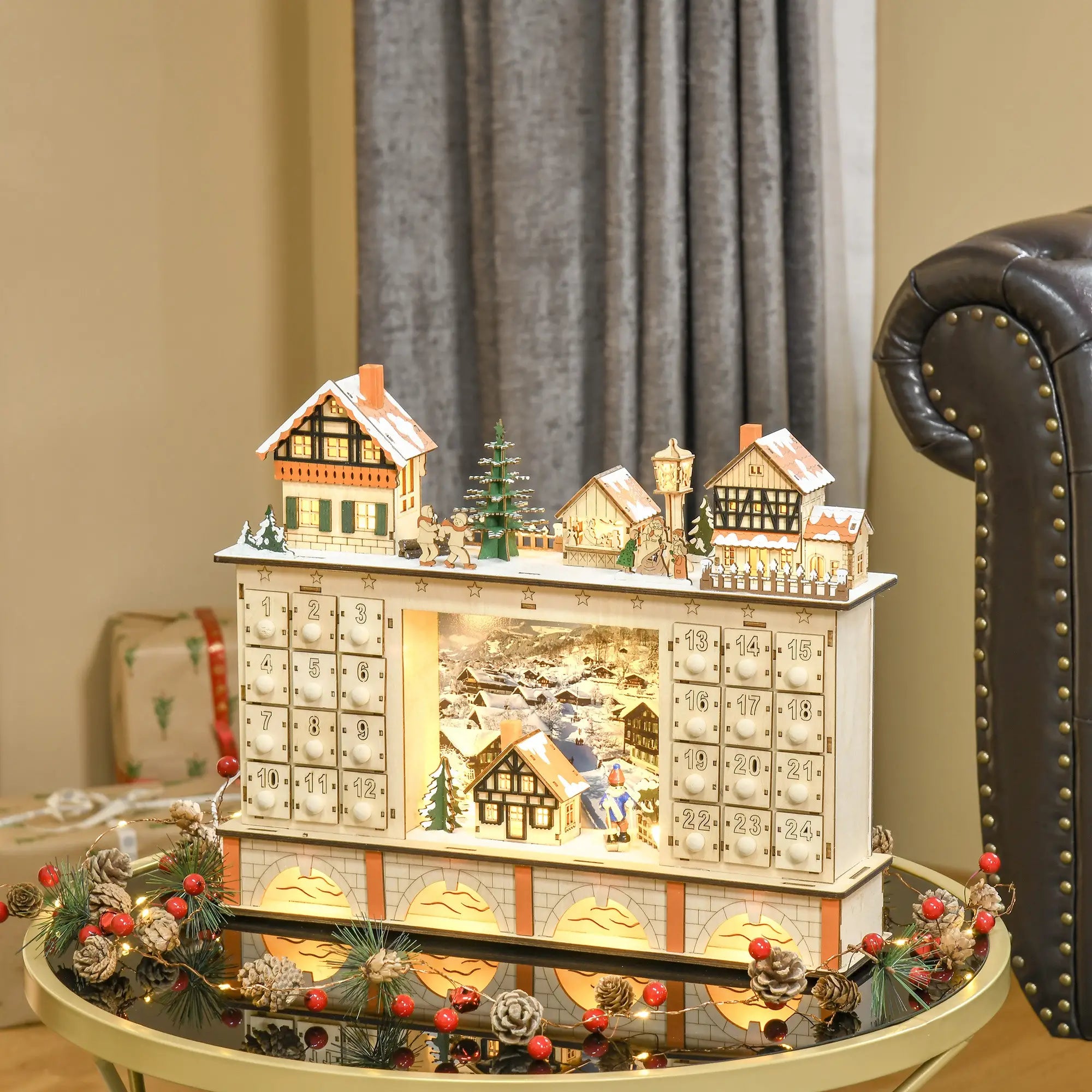 Christmas Advent Calendar, Light Up Wooden Countdown Drawer, Village, Natural Wood Christmas Advent Calendars at Gallery Canada