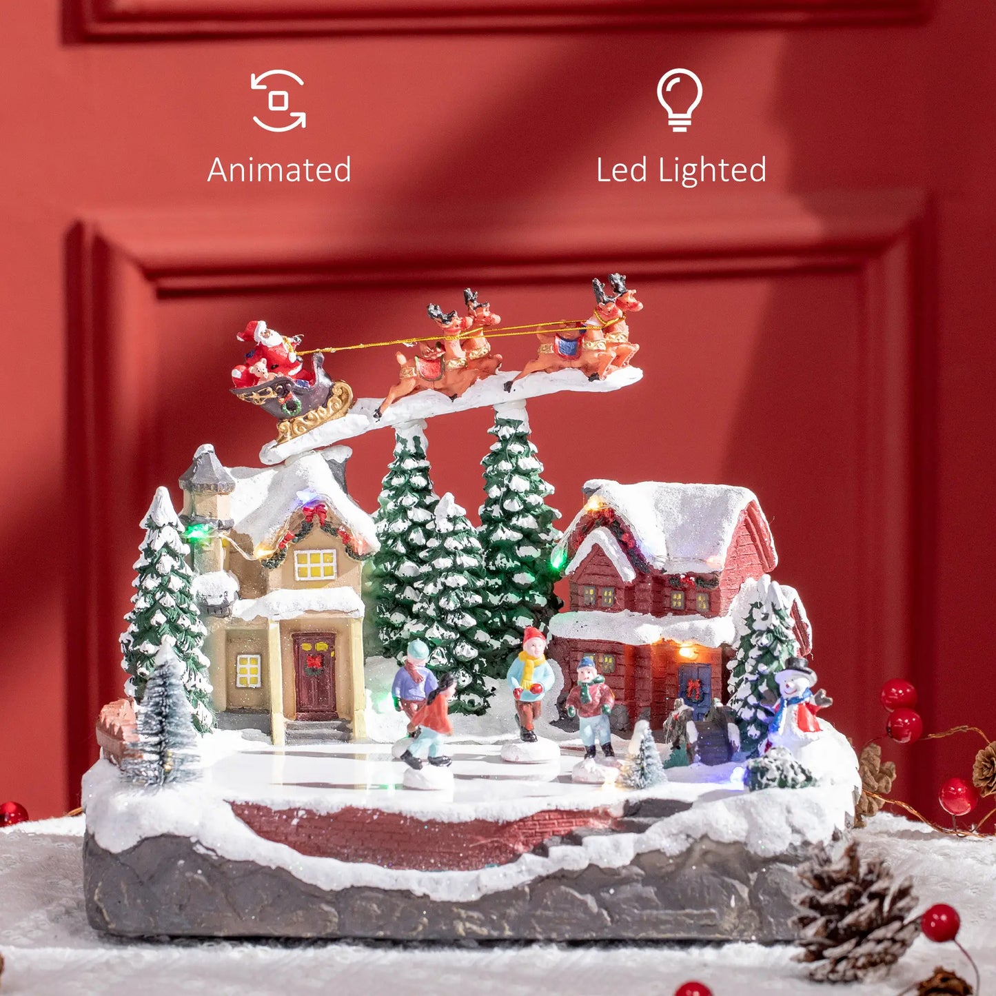 Animated Christmas Village Set, Santa Deer Skating Pond, LED Light, Multicolored Christmas Village Houses at Gallery Canada