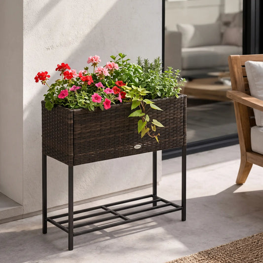 Rattan Raised Garden Box, Elevated Flower Bed with Shelf, Brown Plant Stands Brown, Black at Gallery Canada