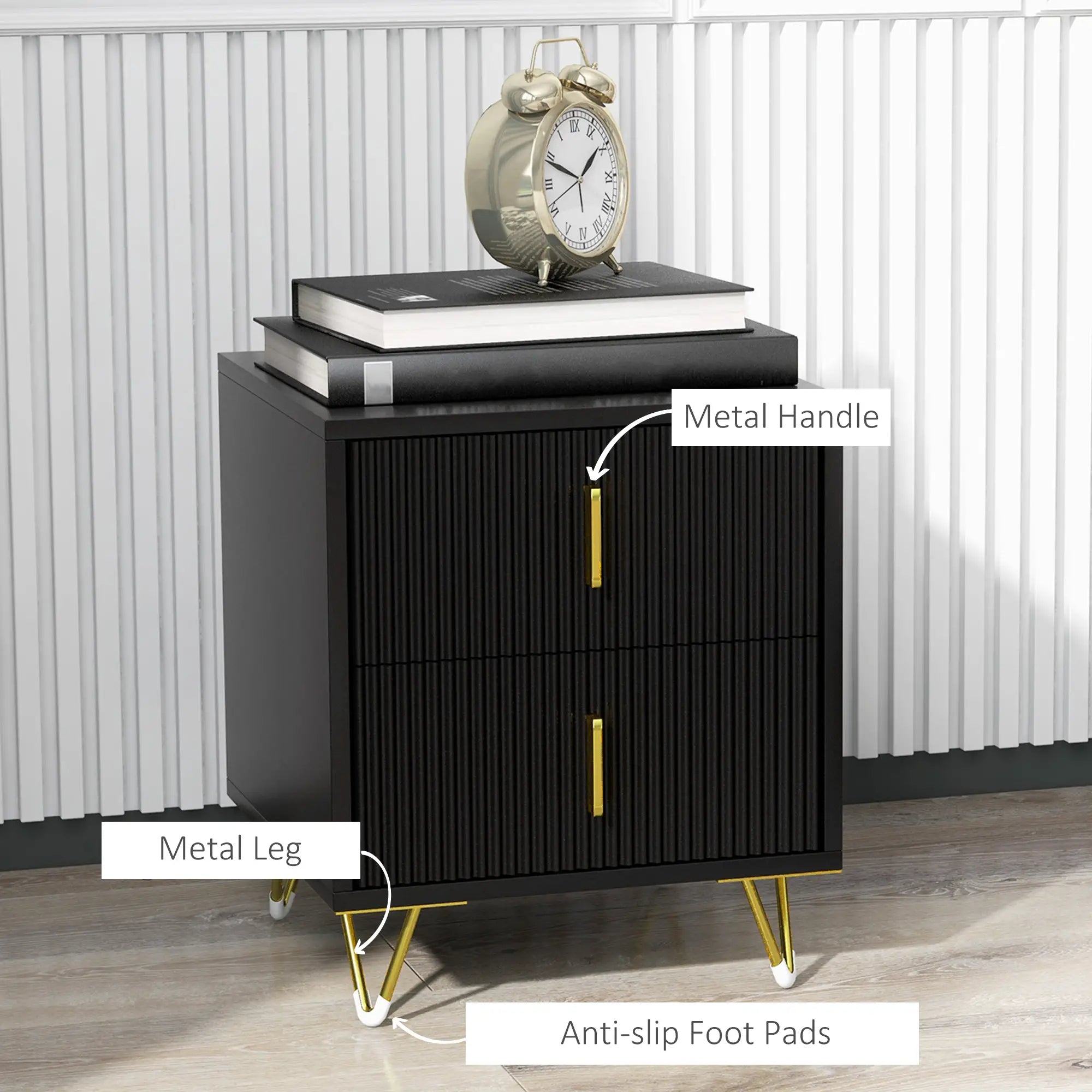 Modern Nightstand, 2 Drawers, Metal Legs, Bedroom Living Room, Black Bedside Tables at Gallery Canada