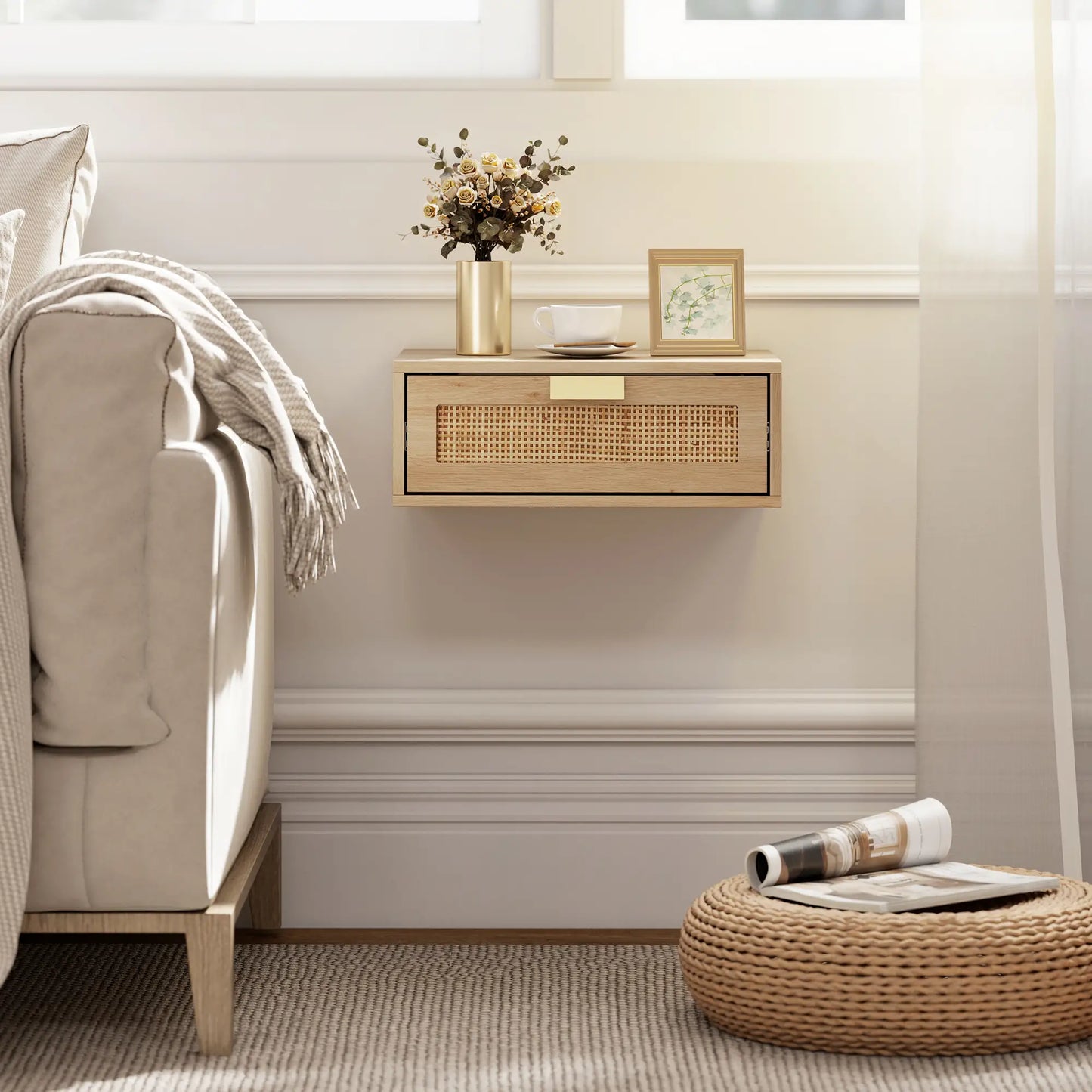 Floating Bedside Tables Set Of 2, Wall Mounted Nightstands, Rattan Drawer, Wood Effect, Oak Bedside Tables at Gallery Canada