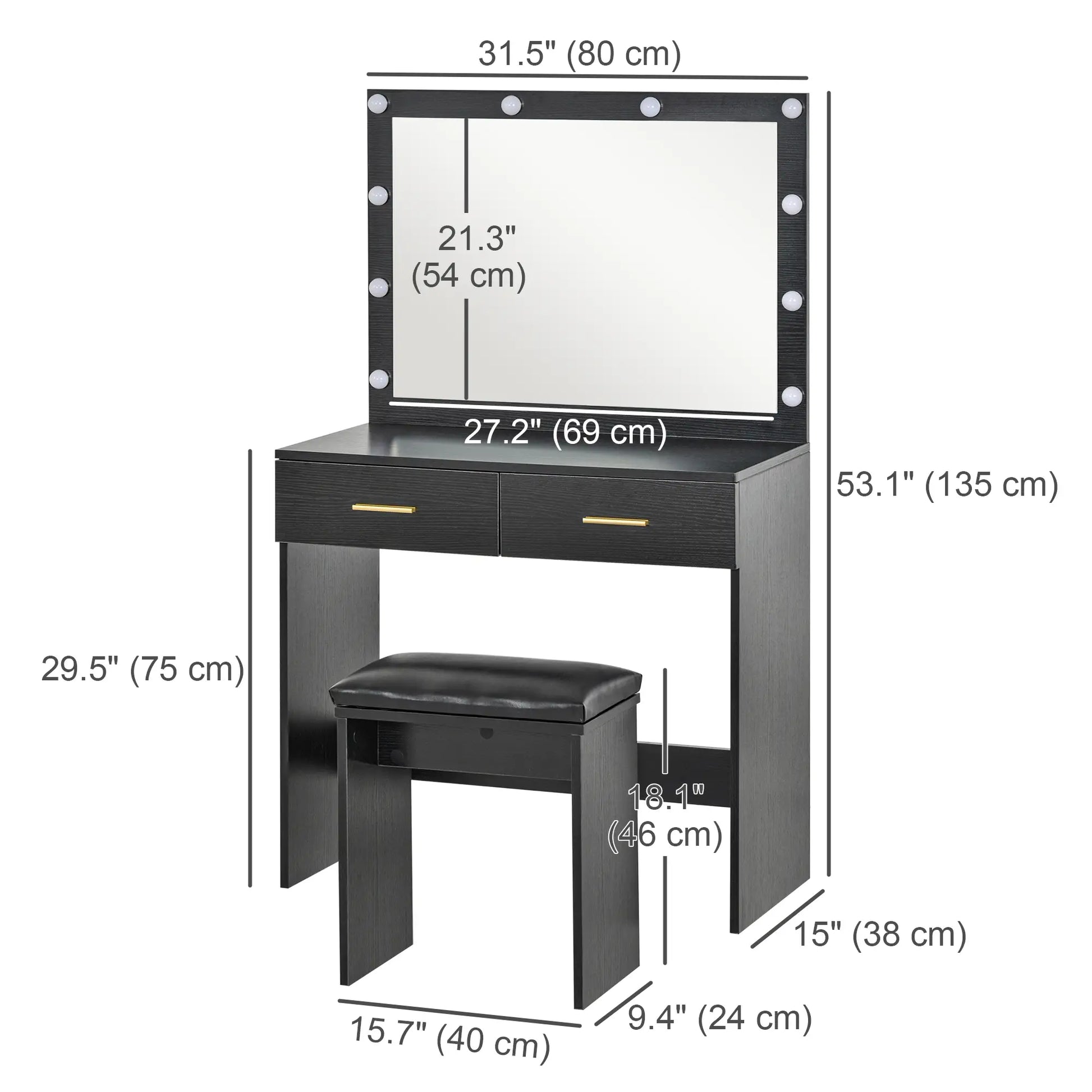 Makeup Vanity Desk Set with Stool, LED Mirror, Drawers, Black Dressing & Vanity Tables at Gallery Canada