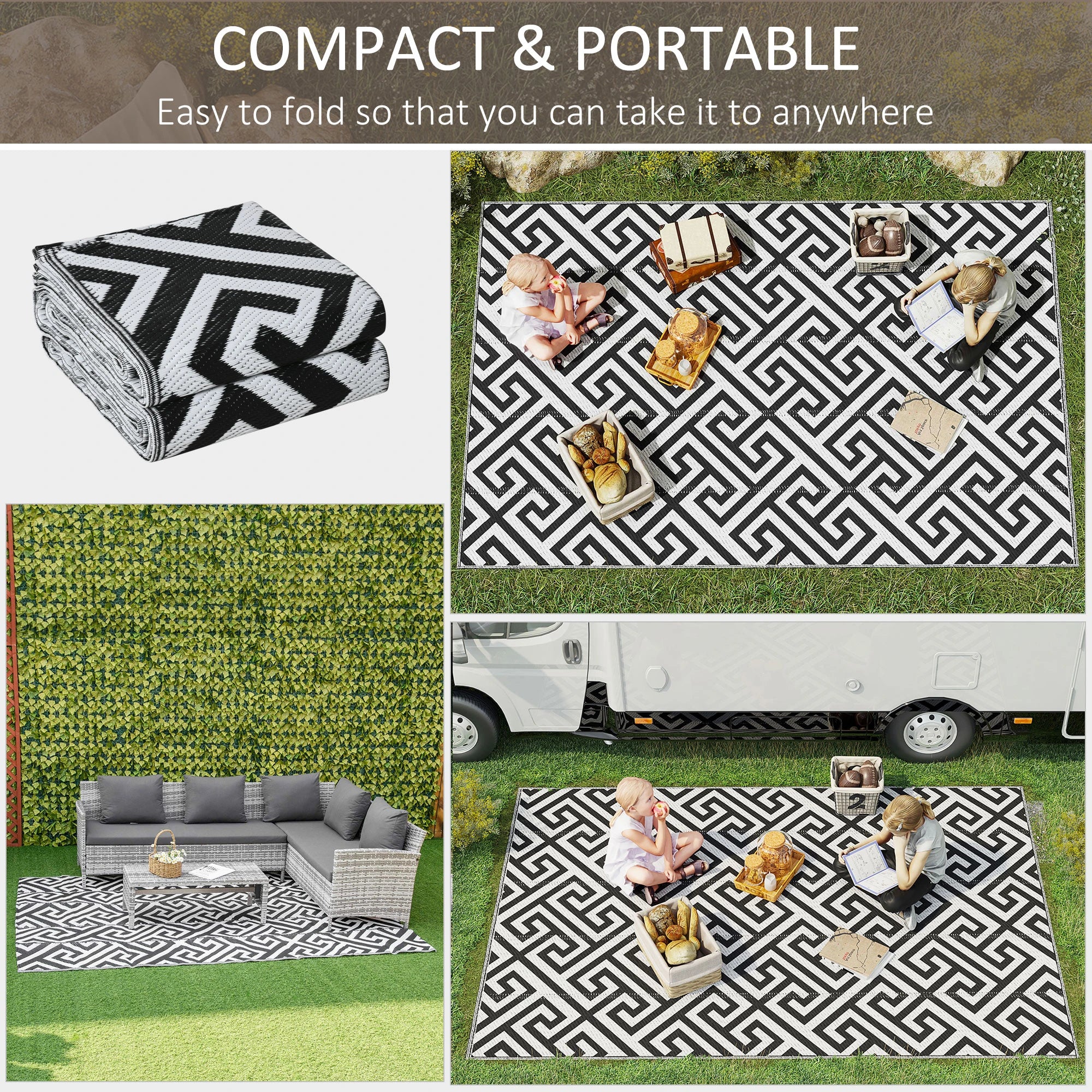 Reversible Outdoor RV Rug, Patio Floor Mat, 6' x 9', Black & White Outdoor Reversible Rugs at Gallery Canada