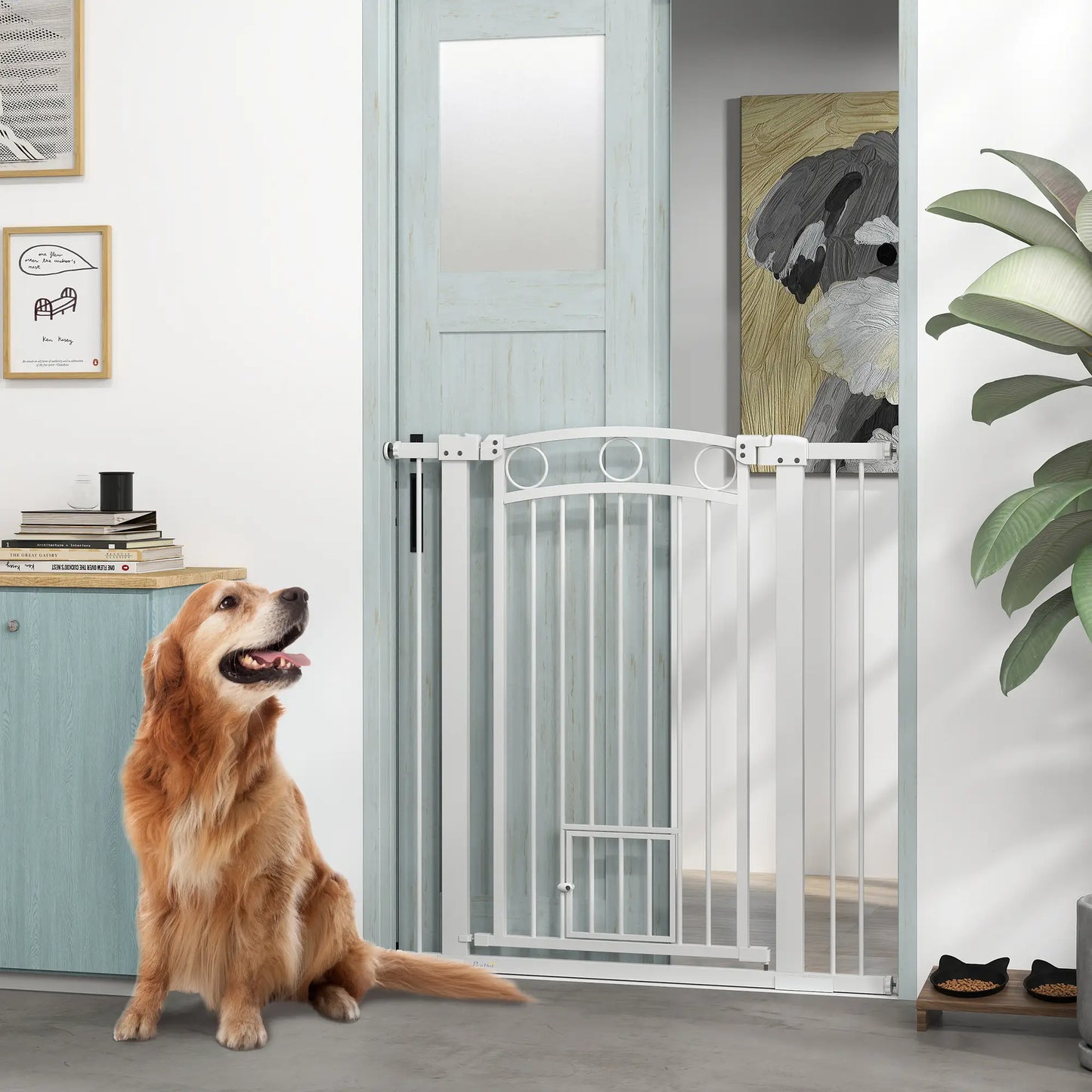 42" Extra Tall Dog Gate With Cat Door, 2 Extension Kits, 30"-41" Width Houses, Kennels & Pens at Gallery Canada