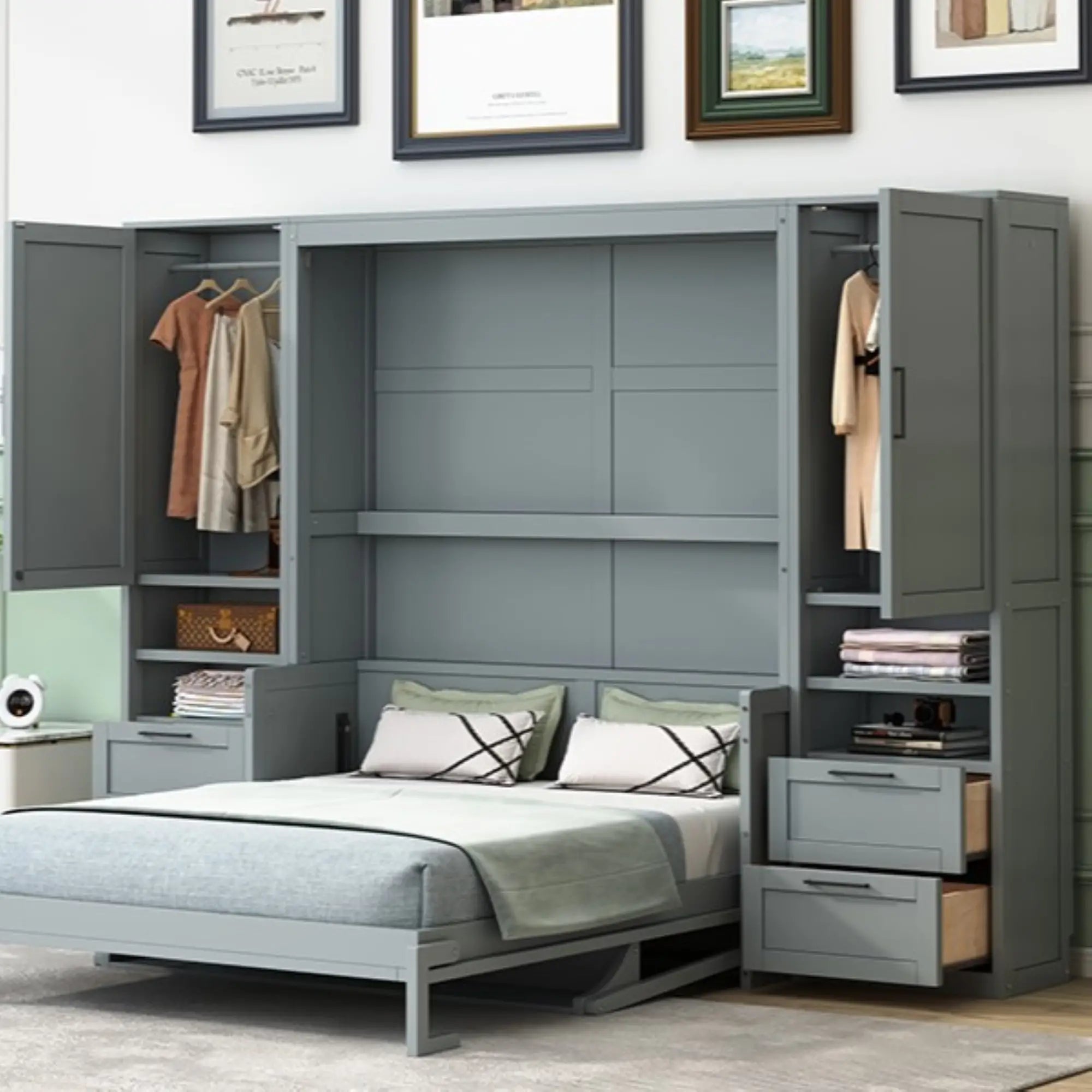 Queen Murphy Bed with Closet, Drawers, Shelves, 114