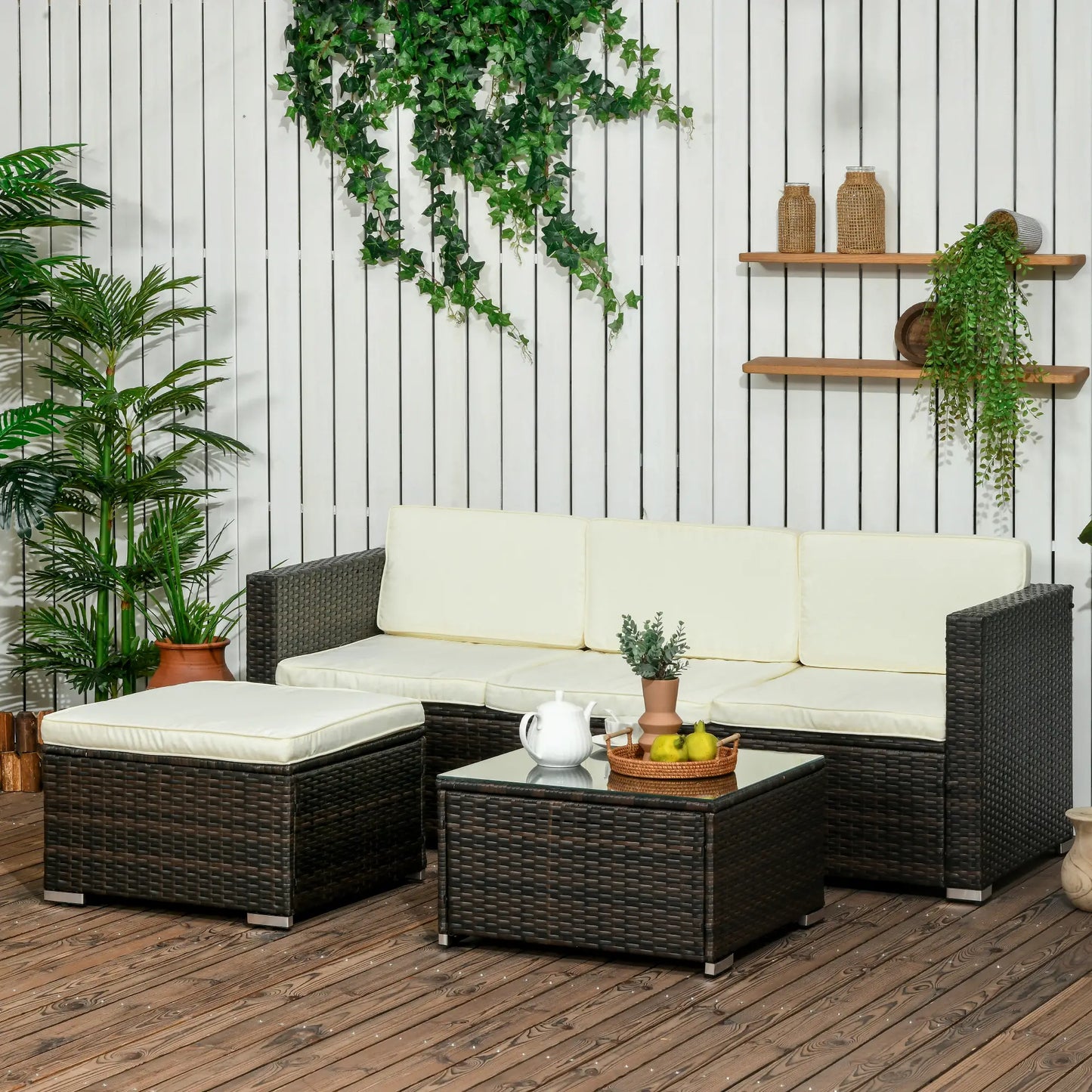 3-Piece Patio Set with Cushions, PE Rattan Sofa, Glass Table, Cream White Patio Furniture Sets at Gallery Canada