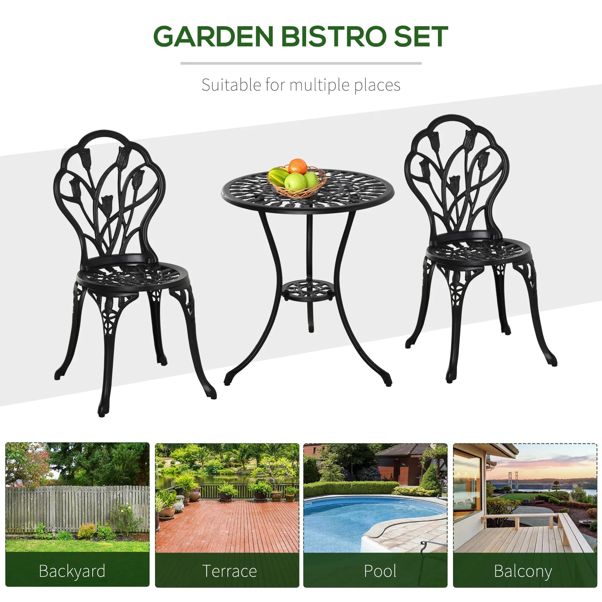 3PCs Patio Bistro Set, Outdoor Cast Aluminum Table and Chairs, Black Bistro Sets at Gallery Canada