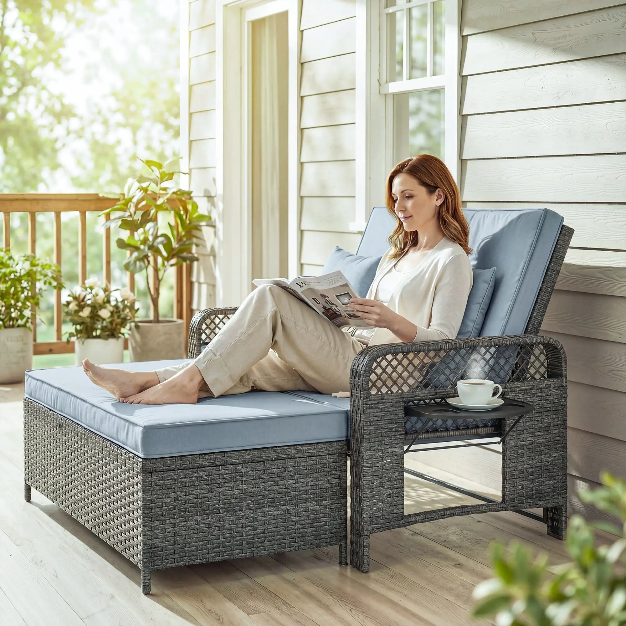 Patio Lounge Chair Set, 2 Pieces With Cushions, Adjustable Backrest, Side Trays Wicker Chaise Loungers at Gallery Canada