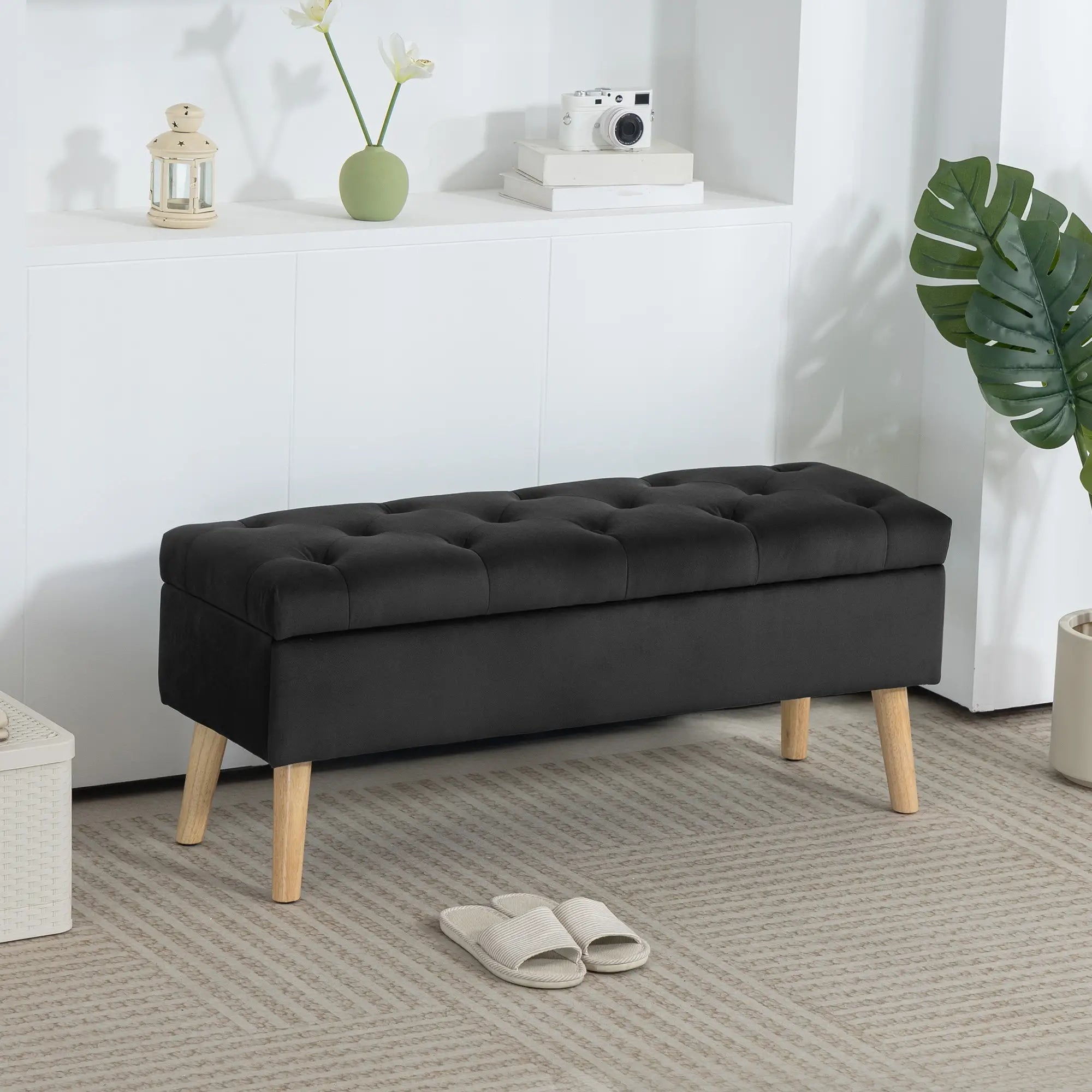 Velvet Storage Ottoman with Lid, Wood Legs, Black Storage Ottomans & Benches at Gallery Canada