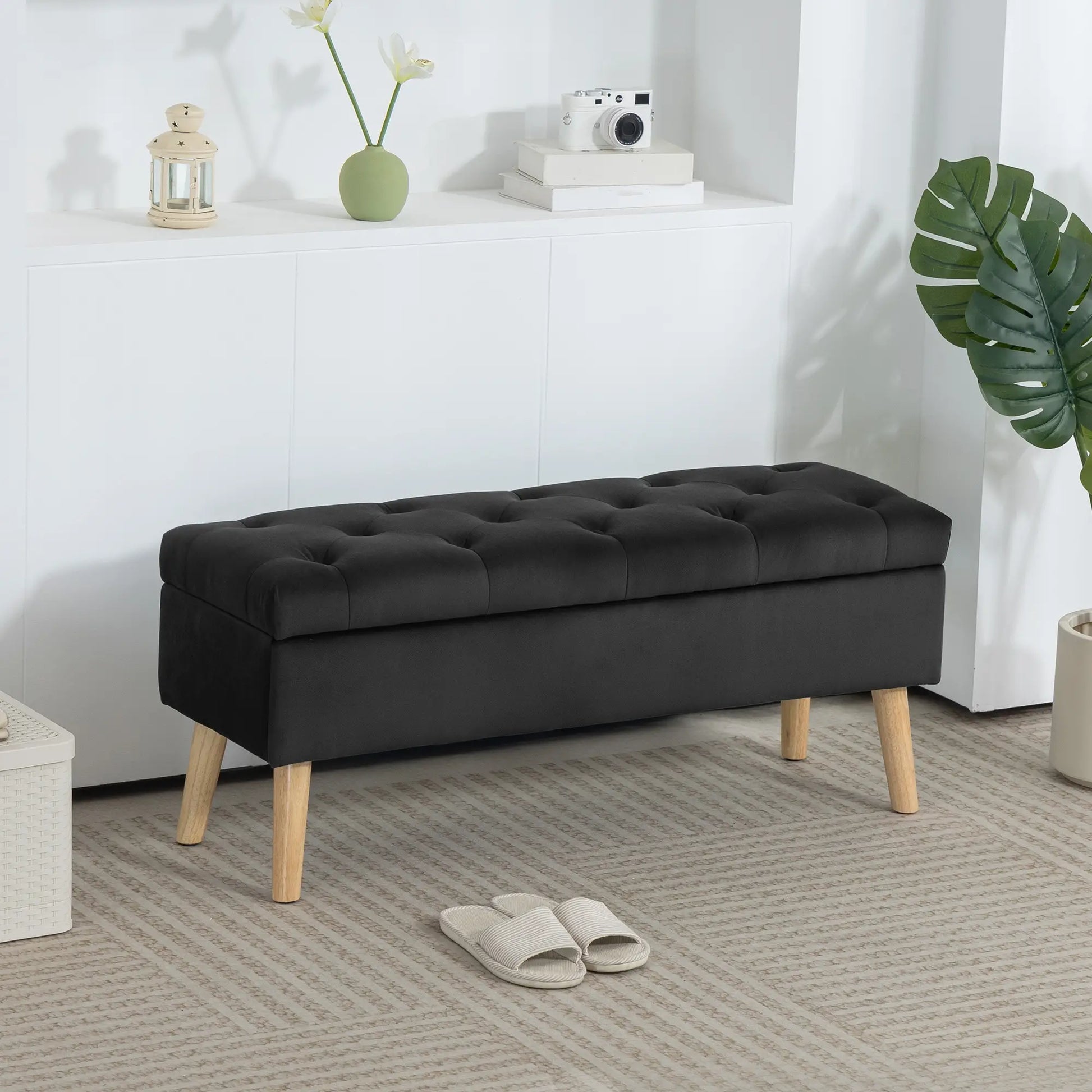 Velvet Storage Ottoman with Lid, Wood Legs, Black Storage Ottomans & Benches at Gallery Canada
