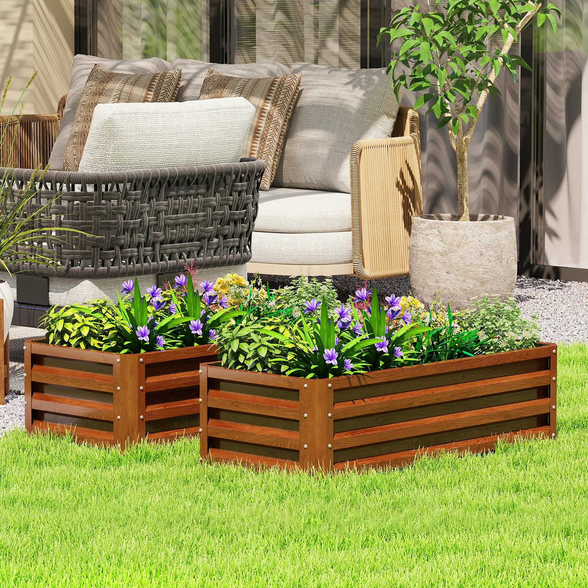 Galvanized Raised Garden Beds, Set of 2, Wood Effect, Brown Galvanized Planter Boxes at Gallery Canada