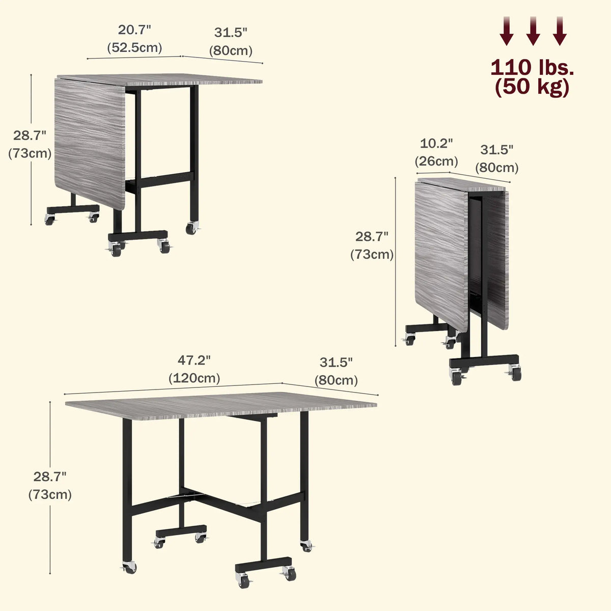 6-Seater Drop-Leaf Dining Table With Wheels, Grey, Grey Dining Tables at Gallery Canada