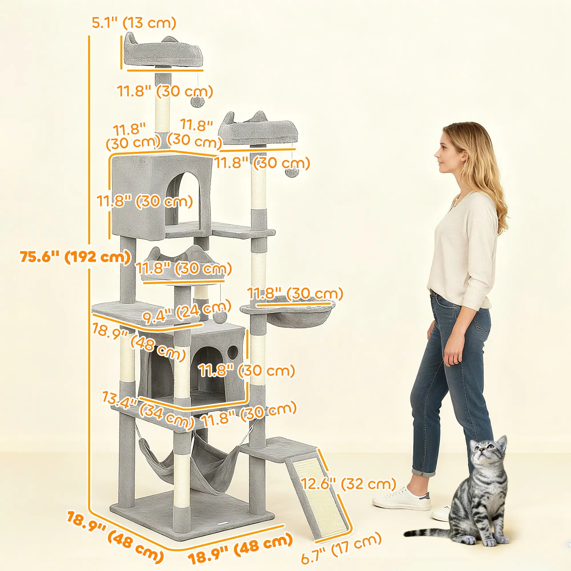 76 Inch Large Cat Tree, 8 Scratching Posts, 3 Beds, 2 Hammocks, Light Grey Cat Towers at Gallery Canada