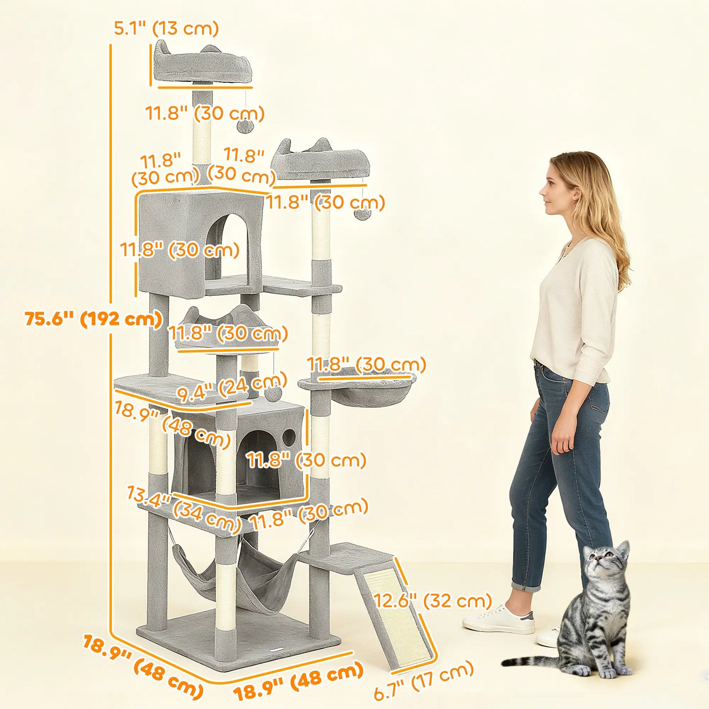 76 Inch Large Cat Tree, 8 Scratching Posts, 3 Beds, 2 Hammocks, Light Grey Cat Towers at Gallery Canada