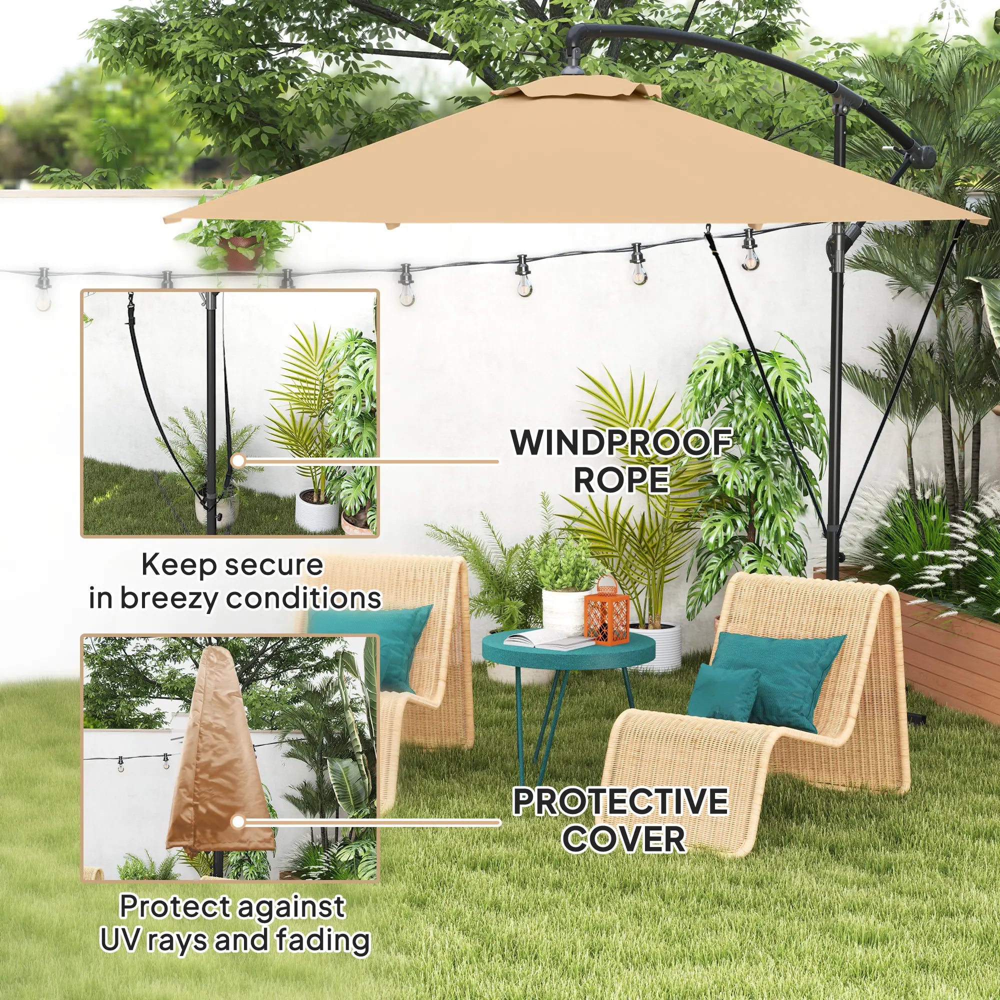 9.5' Cantilever Umbrella With Wind Strap, Cover, Crank, Cross Base, Khaki Offset Cantilever Umbrellas at Gallery Canada