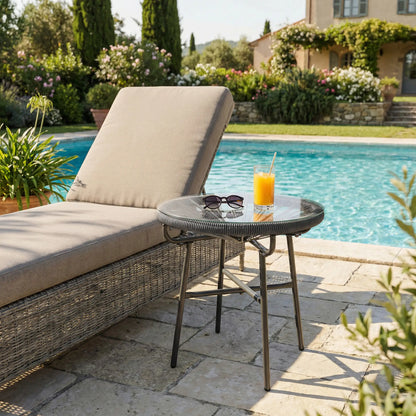 Round Outdoor Rattan Side Table, Tempered Glass Top, Dark Grey Patio Side Tables at Gallery Canada