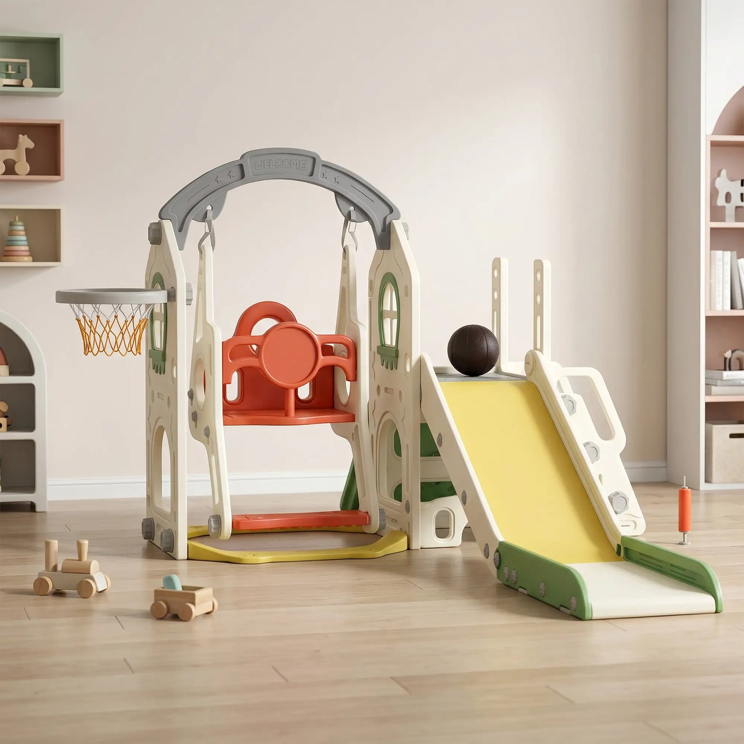 Ensemble de toboggan et balançoire pour tout-petits 5-en-1 avec siège réglable, crème