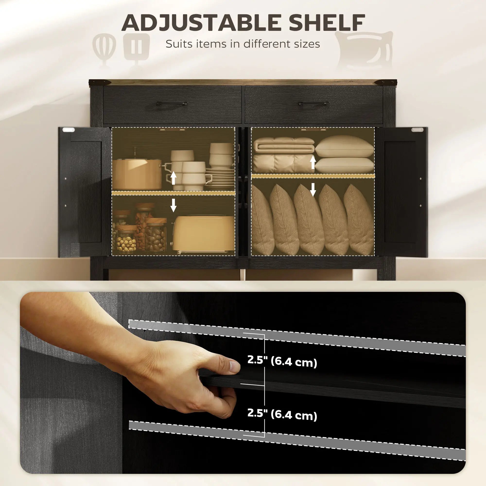 Farmhouse Sideboard Buffet Cabinet, 2 Drawers, Shelves Storage Cabinets at Gallery Canada