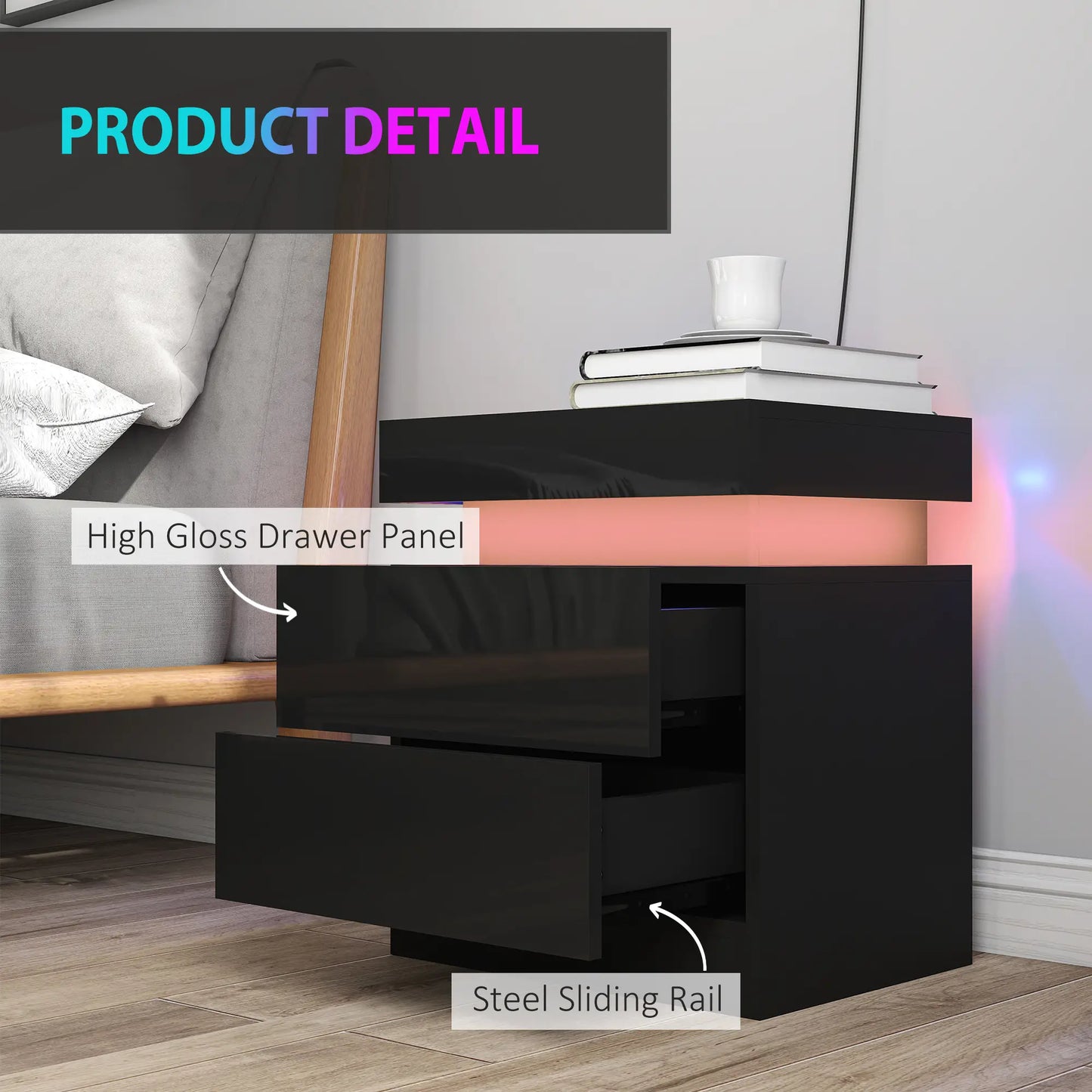Nightstand Set of 2, End Tables with LED Lights, 2 Drawers, Black Bedside Tables at Gallery Canada