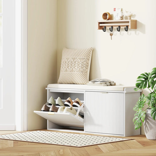 Entryway Bench with Padded Seat, Flip-Drawers, Holds 529lbs, White