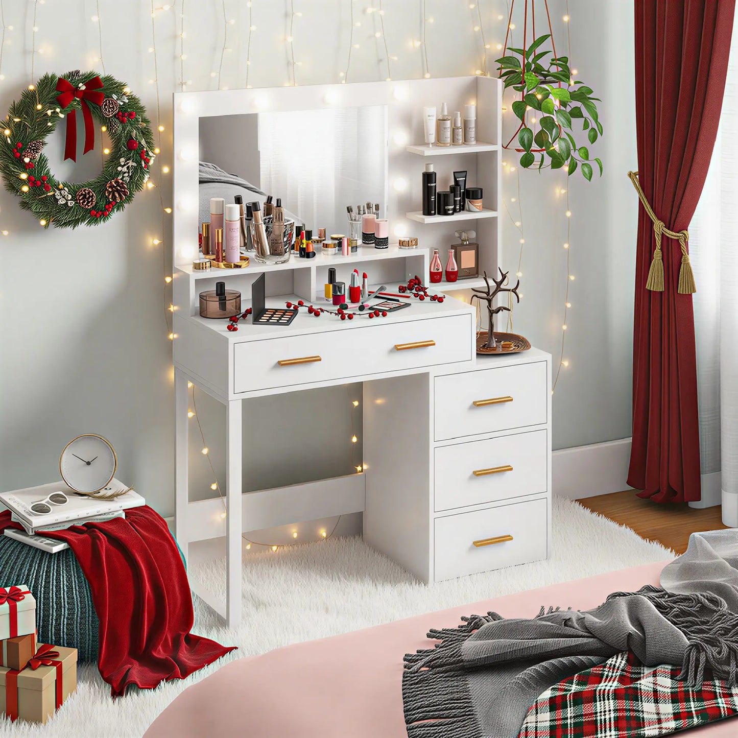 LED Vanity Table with Mirror, Drawer, Storage Shelves, White Dressing & Vanity Tables at Gallery Canada