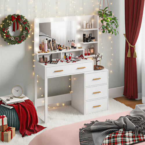 LED Vanity Table with Mirror, Drawer, Storage Shelves, White