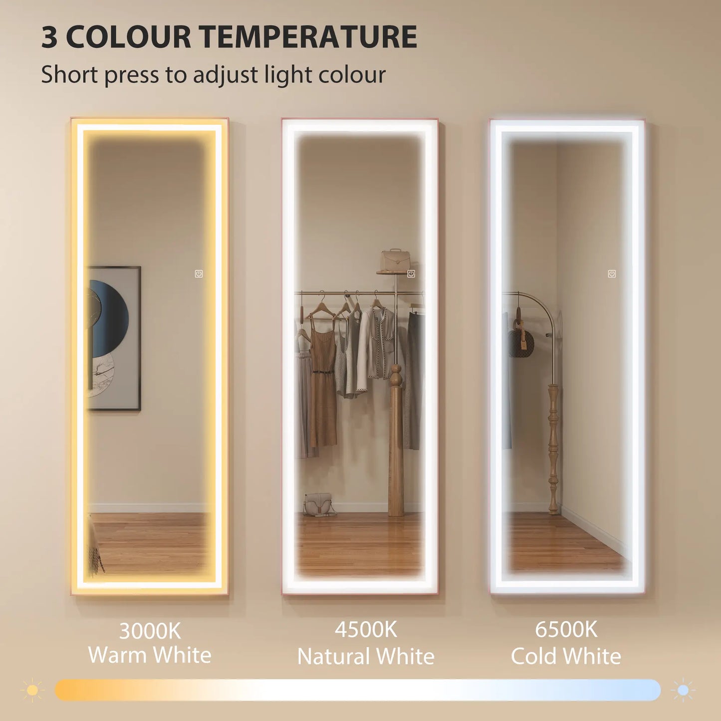 LED Mirror with Dimmable 3 Color Lights, 64" x 21", Pink Full Length Mirrors at Gallery Canada