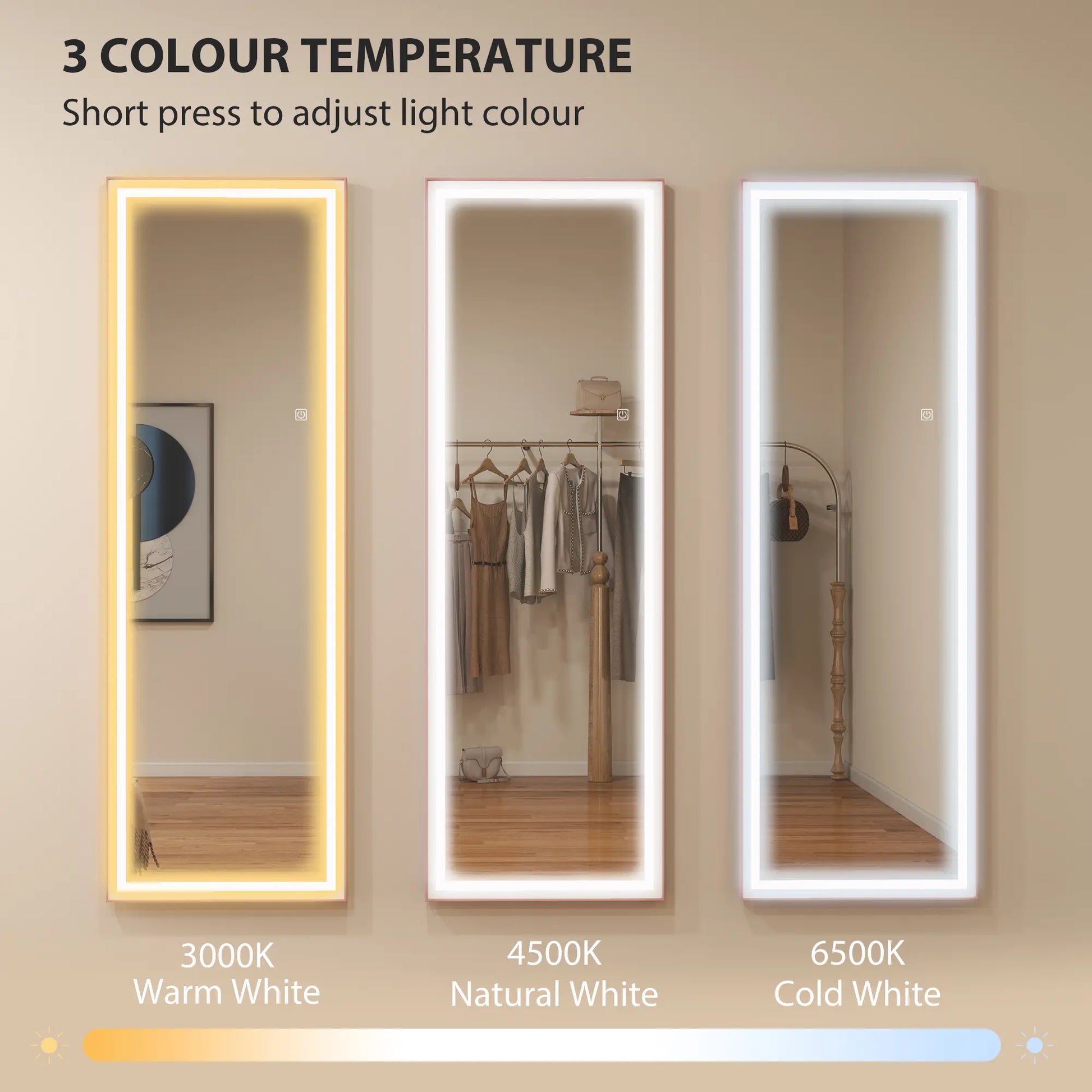 LED Mirror with Dimmable 3 Color Lights, 64" x 21", Pink Full Length Mirrors at Gallery Canada