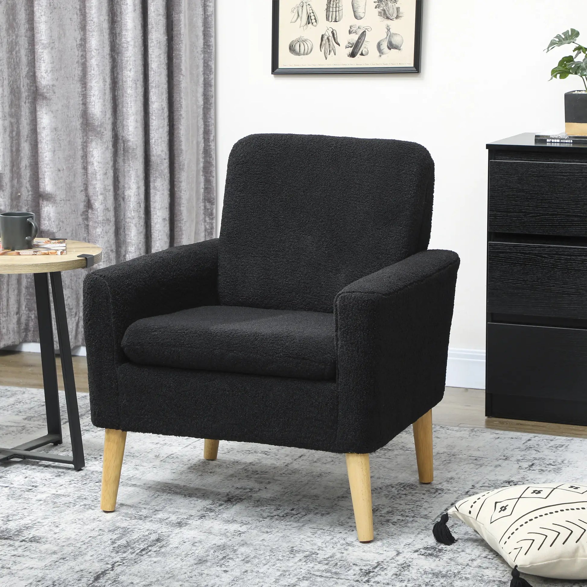 Modern Fabric Accent Chair, Upholstered Armchair with Wood Legs, Black Accent Chairs at Gallery Canada