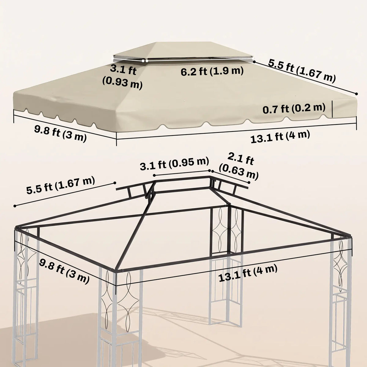 13' x 10' Gazebo Replacement Canopy, Double Vented Roof, Beige Gazebo Canopy Replacement at Gallery Canada