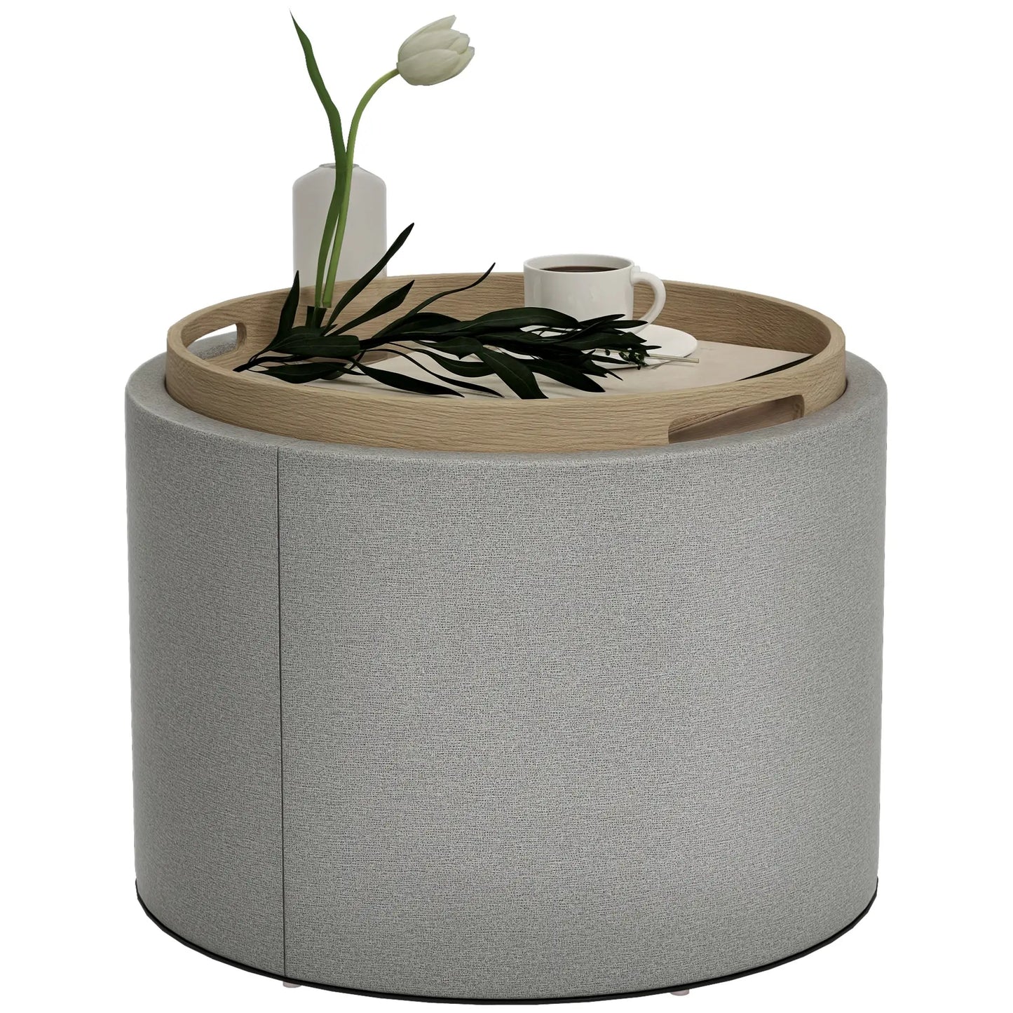 Round Coffee Table, Hidden Storage, Tray Top, Upholstered Footrest, Linen Coffee Tables at Gallery Canada