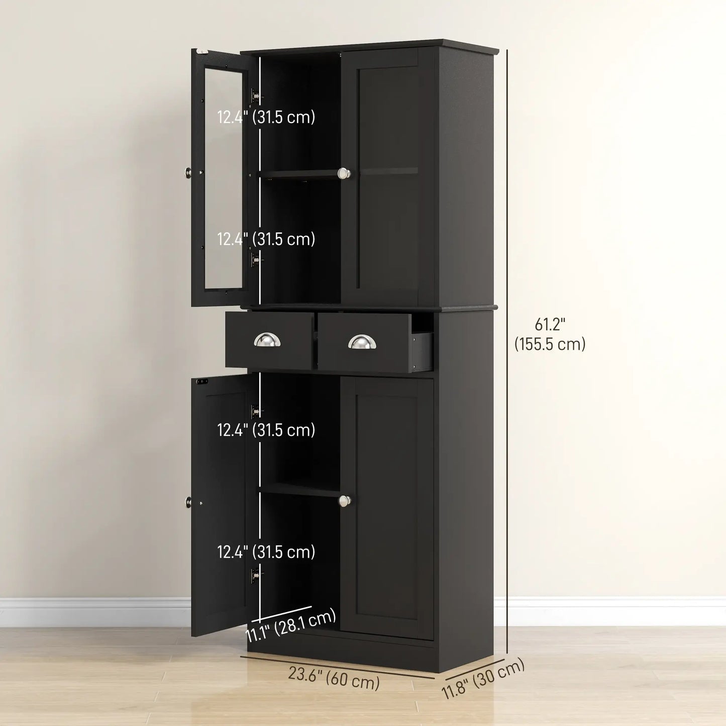 61" Kitchen Pantry Cabinet, Freestanding Farmhouse, Black Kitchen Pantry Cabinets at Gallery Canada