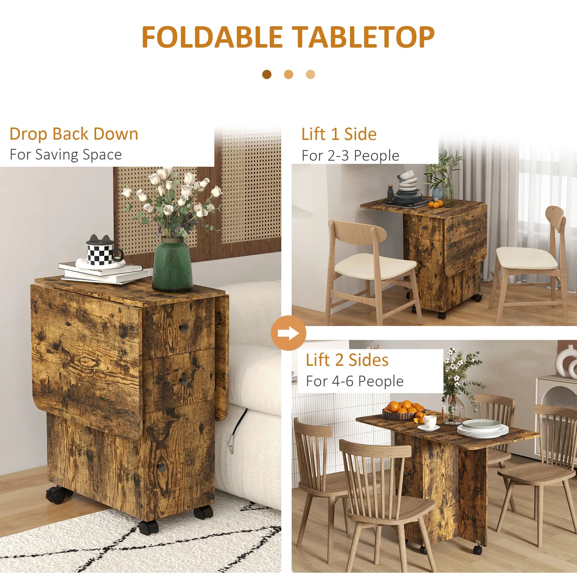 Drop Leaf Dining Table, Mobile Folding Table With Drawers, Rustic Brown, Brown Bar Tables & Dining Tables at Gallery Canada