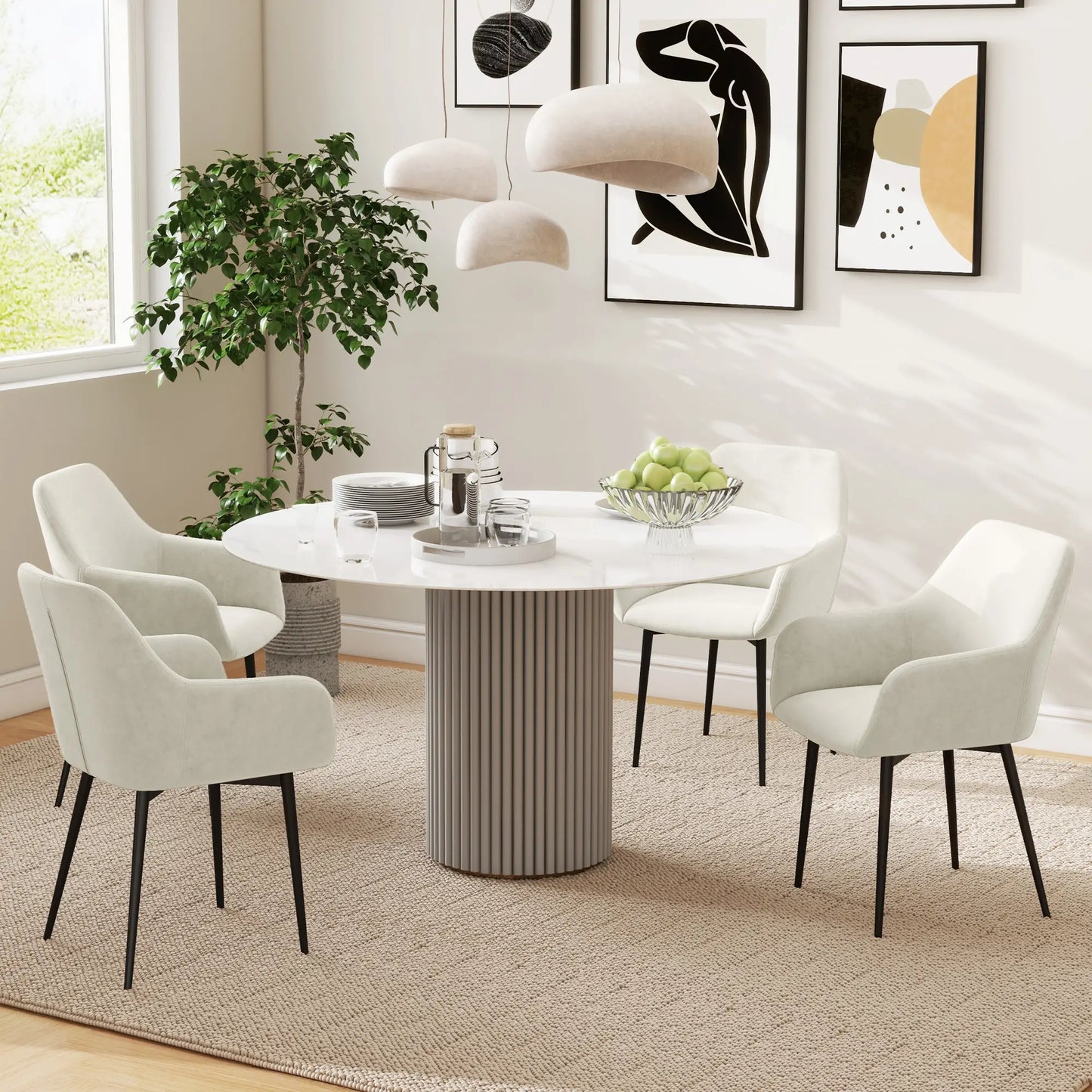 Velvet Fabric Dining Chairs Set of 2, Steel Legs, Cream White Dining Chairs at Gallery Canada