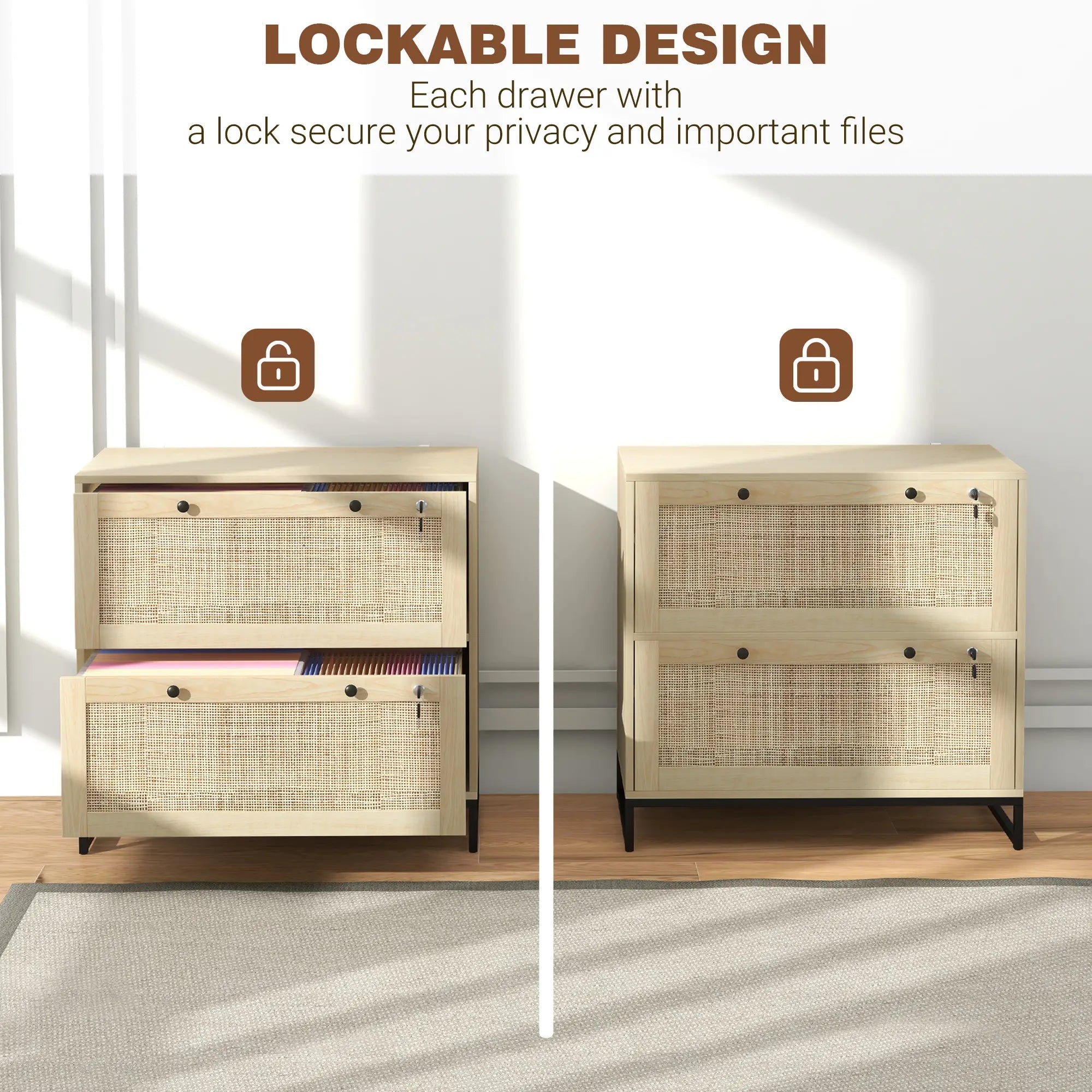 2-Drawer Filing Cabinet with Lock, Rattan, Adjustable Hanging Bar, Natural Office Cabinets & Cupboards at Gallery Canada