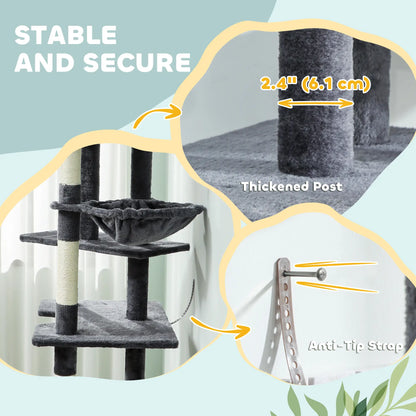 Floor To Ceiling Cat Tree, 230-250cm, 2 Condos, Hammock, Sisal Posts, Dark Grey