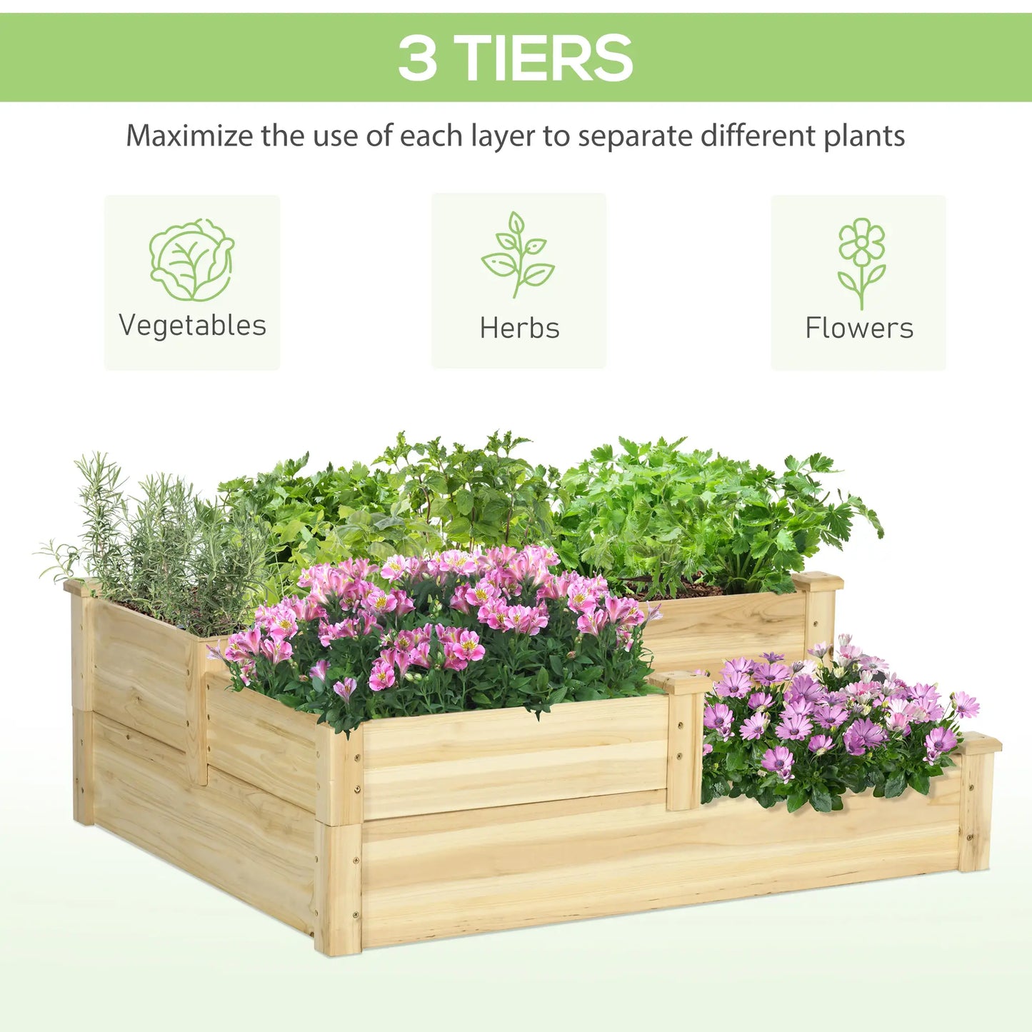 3 Tier Raised Garden Bed, Wooden Planter Box, 42.5"x34.6"x14.2", Natural Wooden Planter Boxes at Gallery Canada