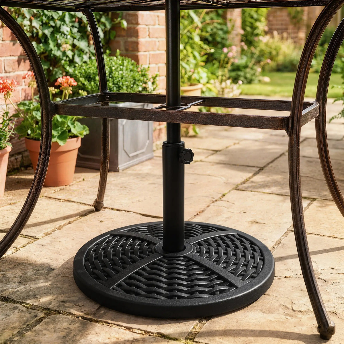 18" Heavy Duty Round Market Umbrella Base, Rattan Design, Black Umbrella Bases at Gallery Canada