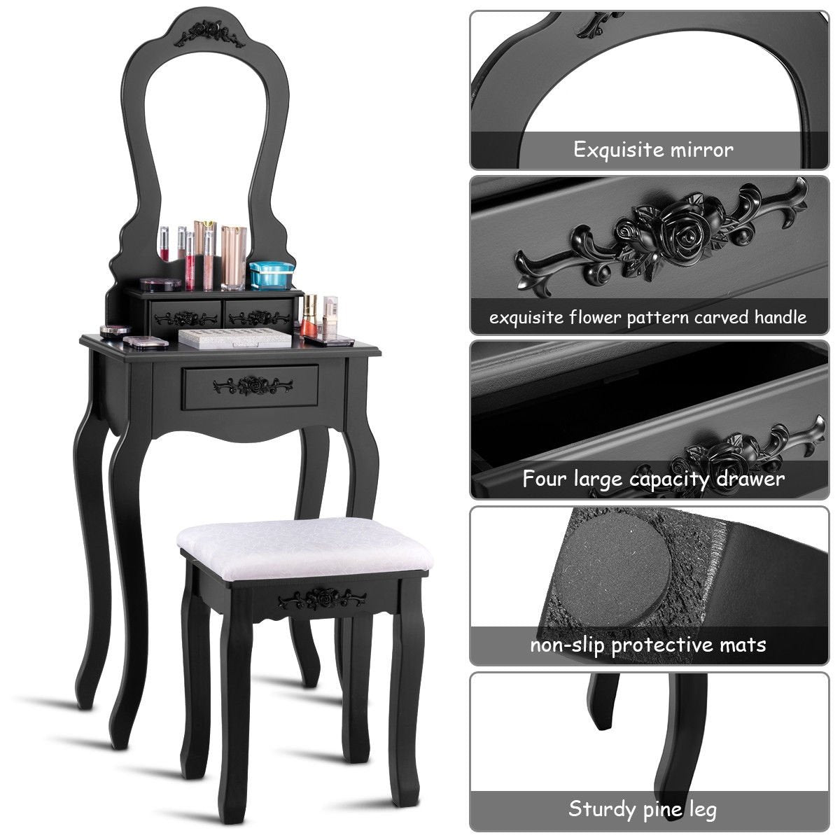 Makeup Dressing Table and Bench 3 Drawers and Cushioned Stool for Girls, Black - Gallery Canada