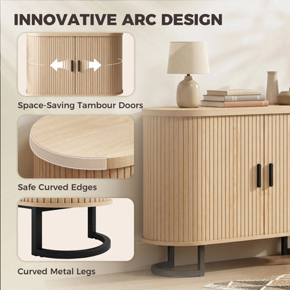 Sideboard Buffet Cabinet, Curved Tambour Doors, Natural Wood